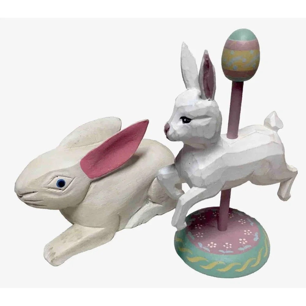 Pair Of 2 Wood Carved Rabbits Bunnies Primitive Folk Art Wooden Easter‎ Pier One